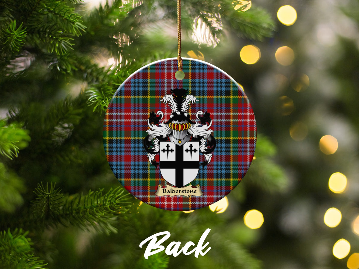 Double-sided Balderstone ceramic ornament with family shield and Caledonia tartan background