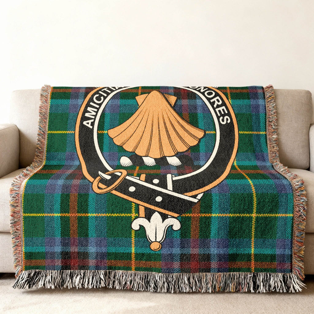 Pringle clan crest tartan woven blanket — colourful plaid design, 52" x 37" size