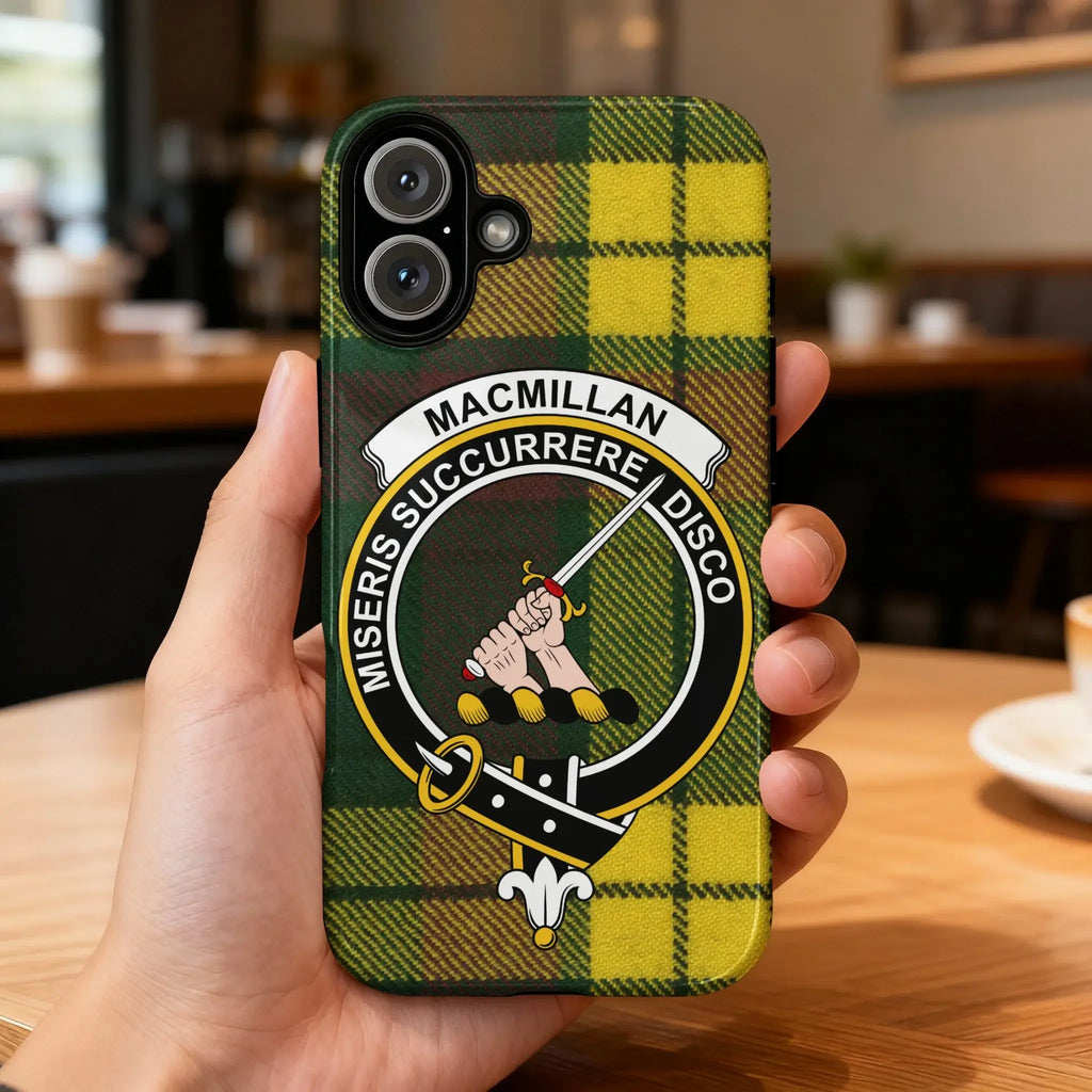 Clan MacMillan tartan phone case — glossy full-wrap print with clan crest on iPhone