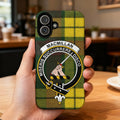 Clan MacMillan tartan phone case — glossy full-wrap print with clan crest on iPhone