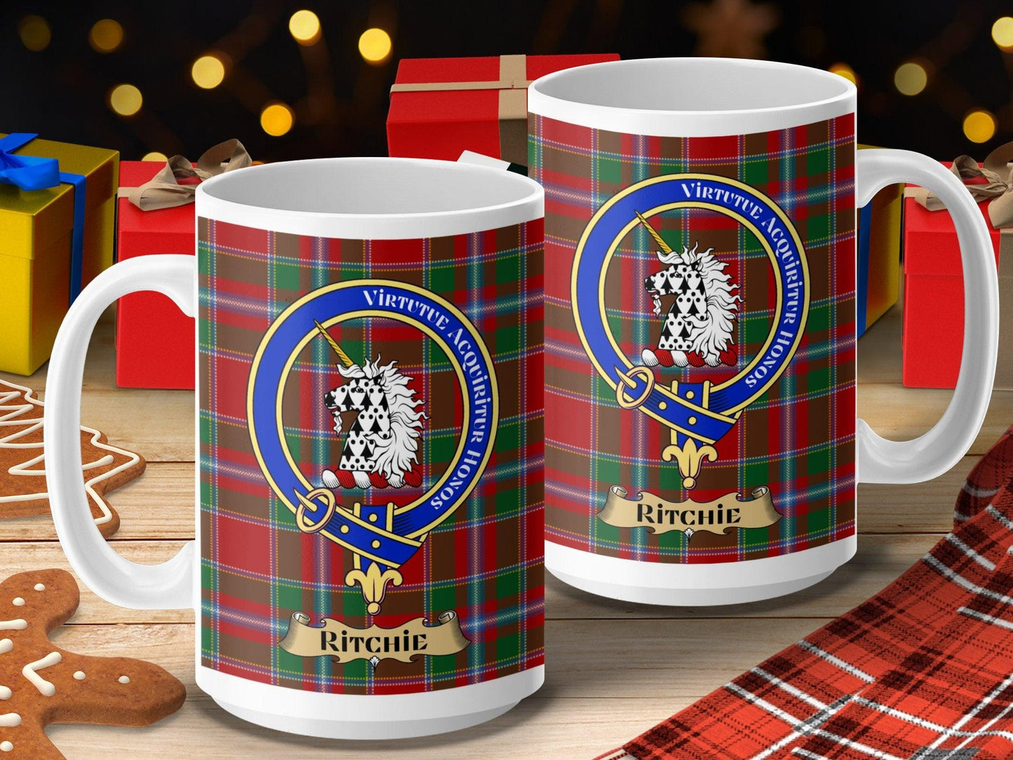 Ritchie Clan Crest on Traditional Scottish Tartan Mug - Living Stone Gifts