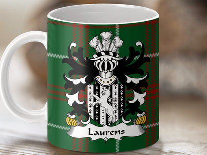 Laurens Welsh Surname Coat of Arms on Tartan Background Mug - Living Stone Gifts