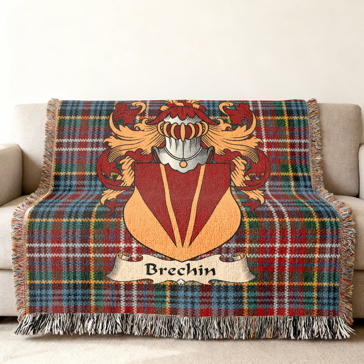 Brechin Scottish family shield woven blanket on a Caledonia tartan background