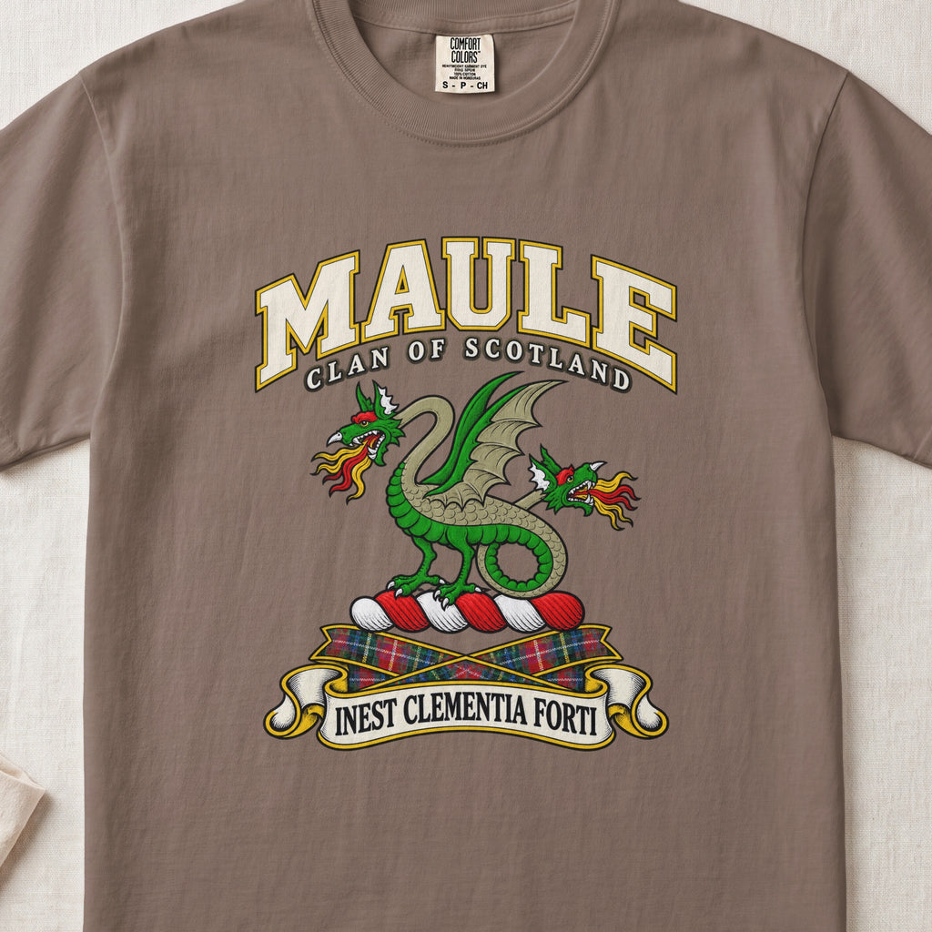Maule Scottish clan T-shirt in Espresso, front view with a green two-headed winged dragon and motto design.
