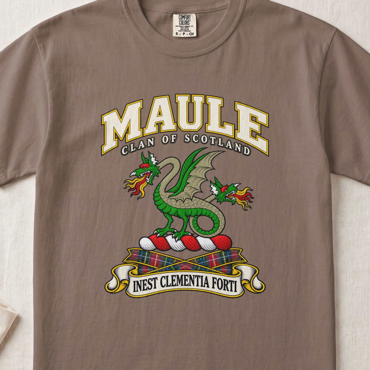 Maule Scottish clan T-shirt in Espresso, front view with a green two-headed winged dragon and motto design.