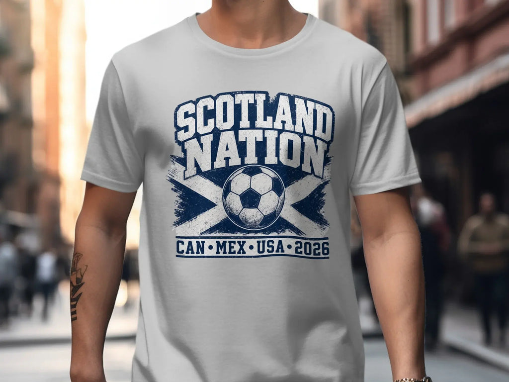 Gray t-shirt with Scotland Nation soccer ball and 2026 text.