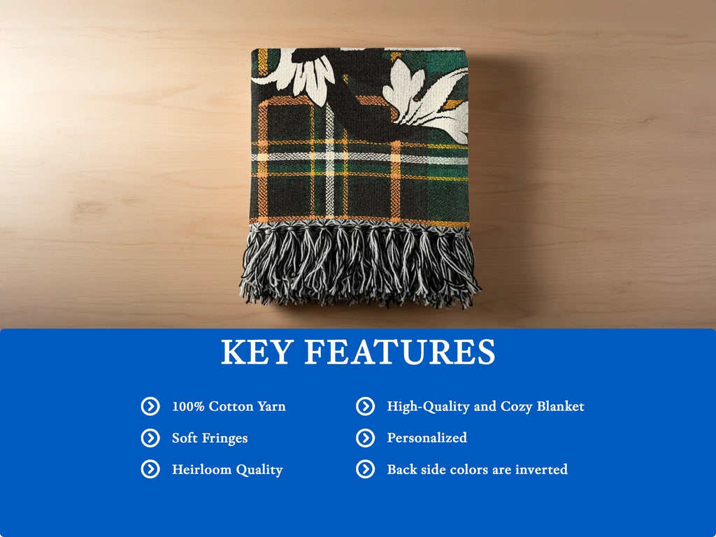 Tartan blanket with fringe, featuring key features including 100% cotton and personalization.
