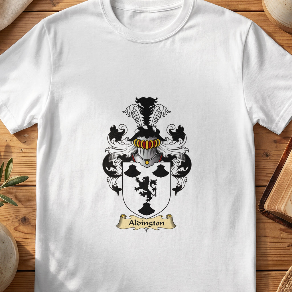 White Aldington Scottish family shield T-shirt featuring a black lion and black motifs on white