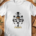 White Aldington Scottish family shield T-shirt featuring a black lion and black motifs on white
