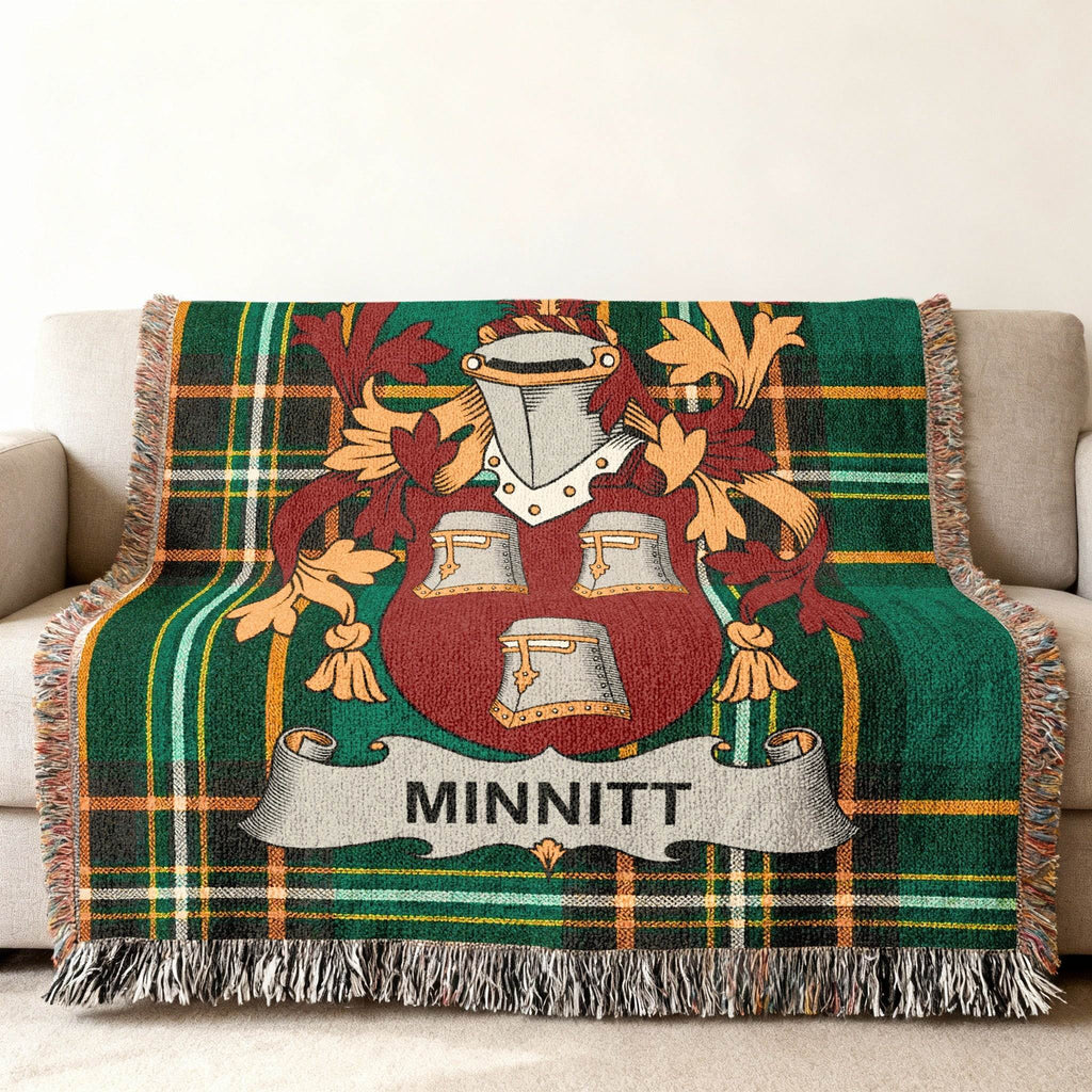 Plaid throw blanket with the MINNITT family crest in the center.