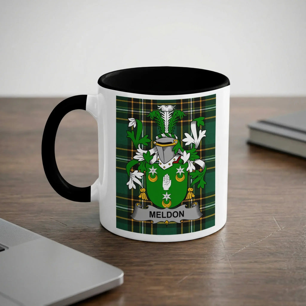 Meldon Irish heritage mug with black handle and family crest