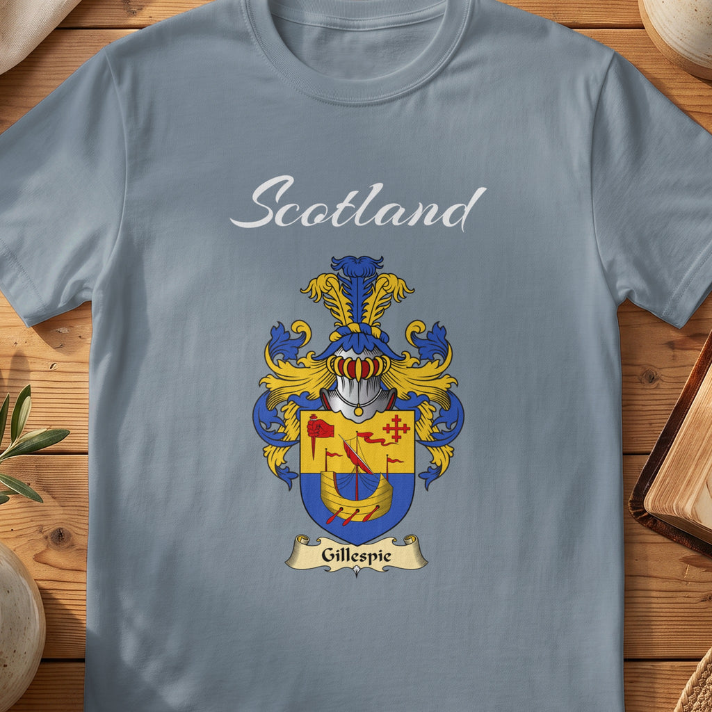 Gillespie Scottish family shield T-shirt in Stone Blue