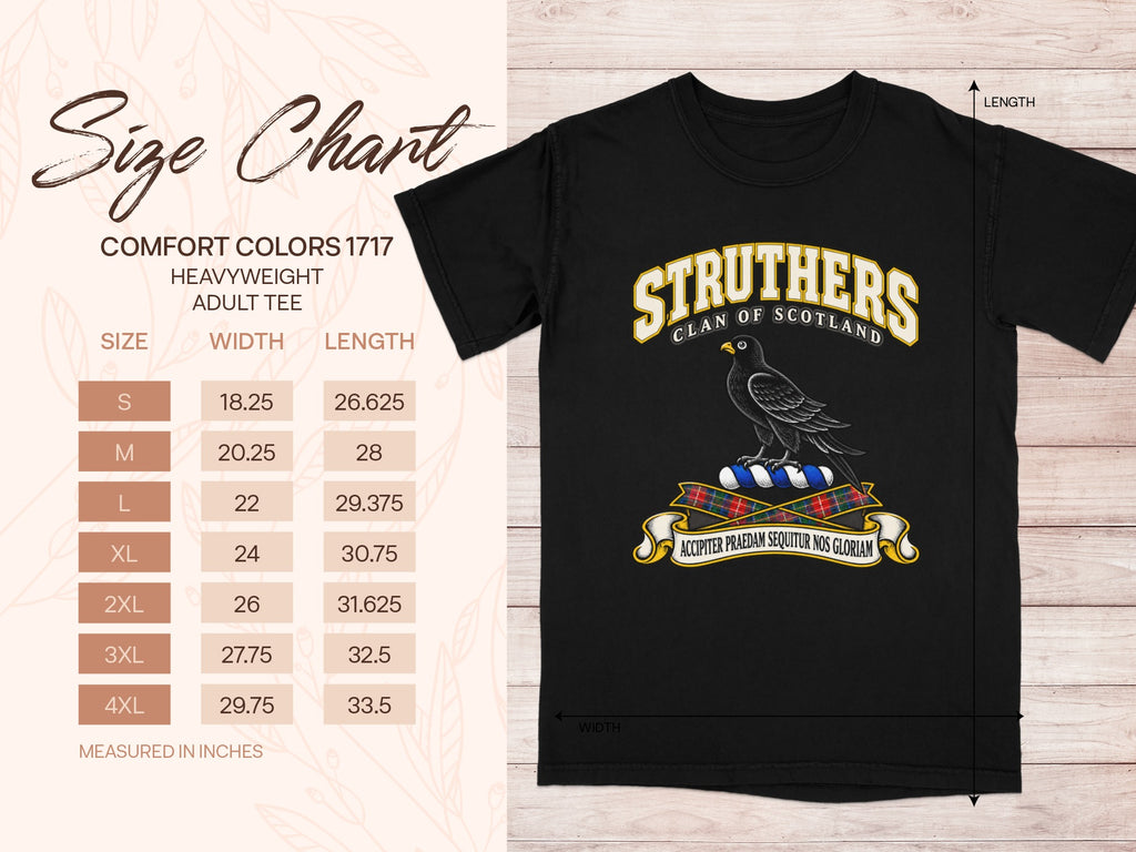 Comfort Colors 1717 size chart for the Struthers Scottish clan T-shirt, adult sizes S–4XL.
