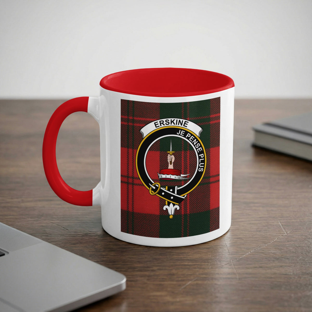 Erskine Scottish clan crest artwork on an 11 oz red accent mug with a tartan background