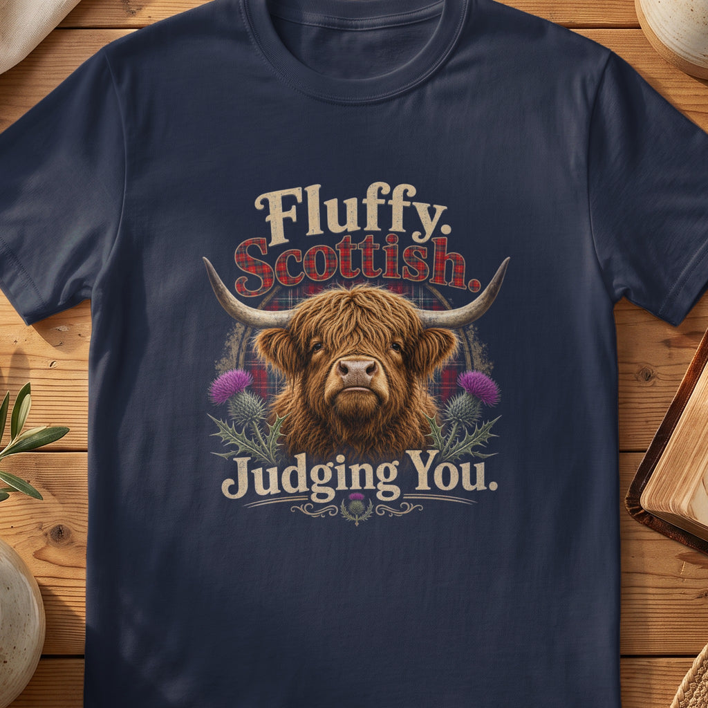 Navy Gildan 64000 unisex T-shirt flatlay with Fluffy Scottish Judging You Scottish graphic design