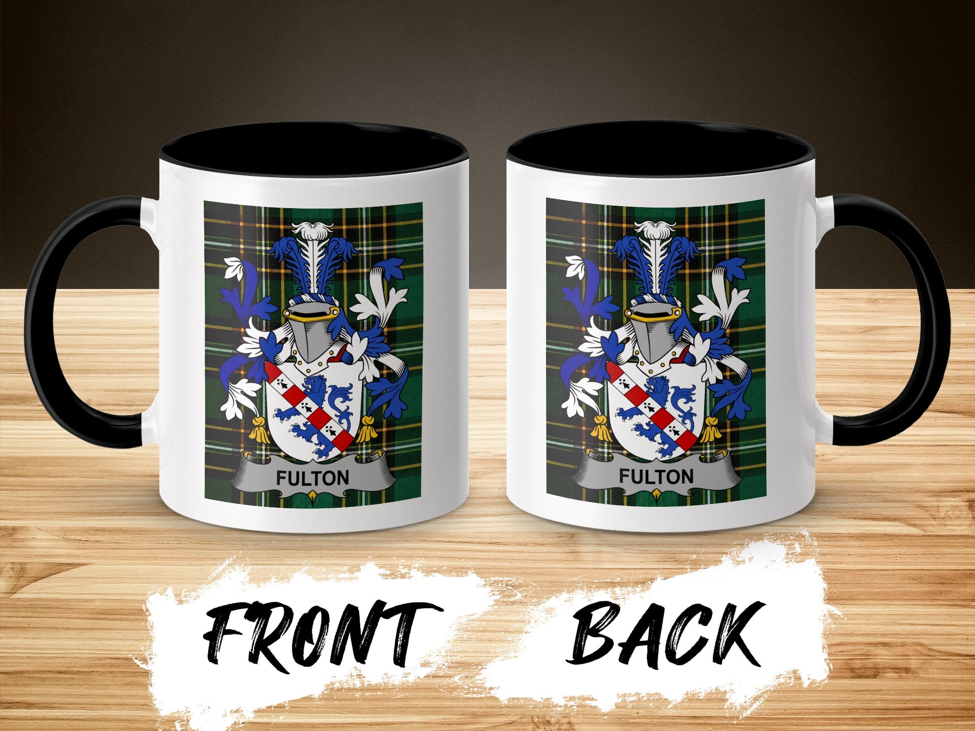 Mug with "Fulton" crest on plaid pattern, black handle.