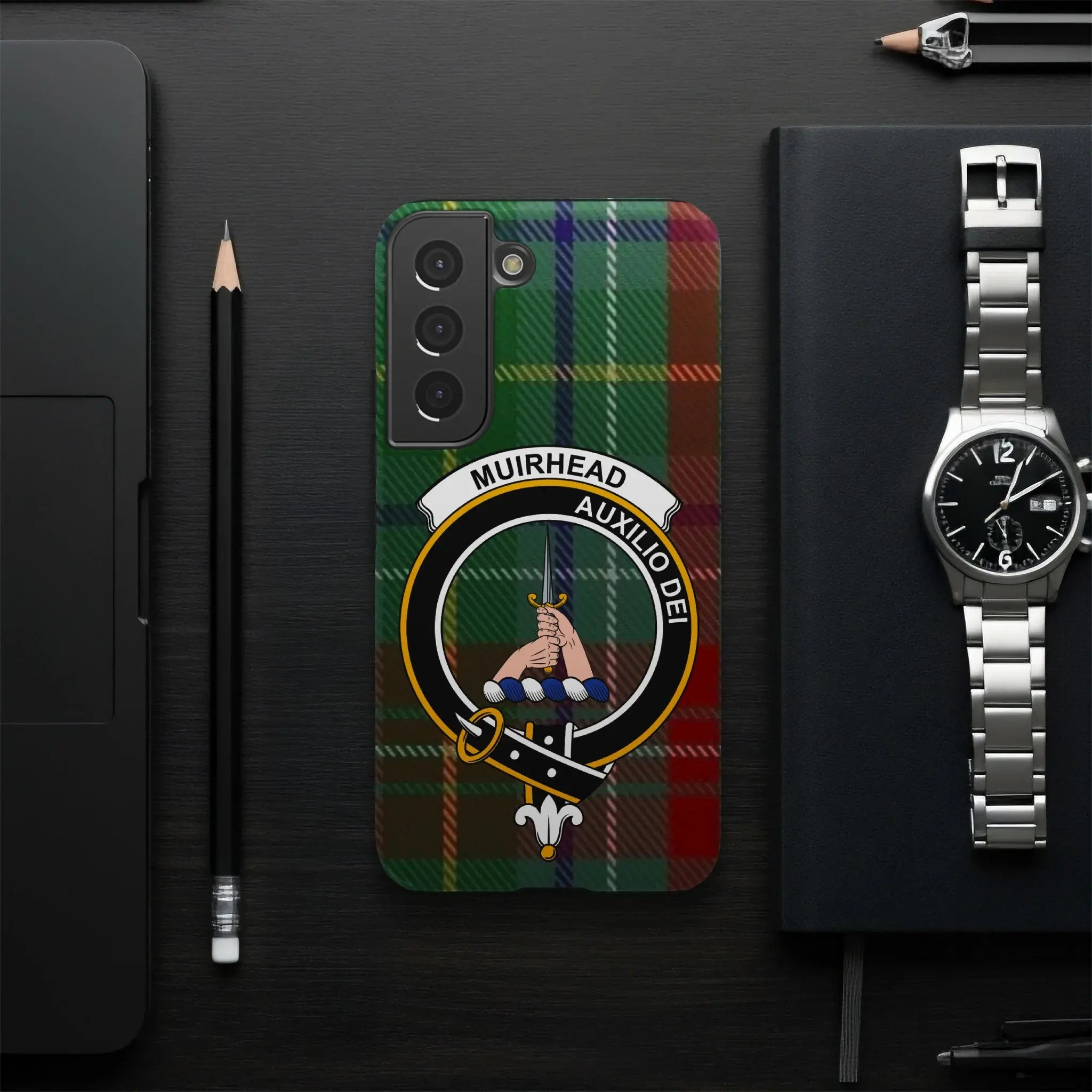 Muirhead clan crest phone case — Auxilio Dei tartan wrap print on Samsung Galaxy