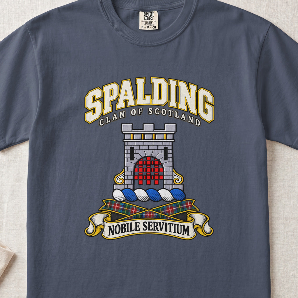 Spalding Scottish clan T-shirt in Midnight, front view with a stone tower with a red gateway and motto design.