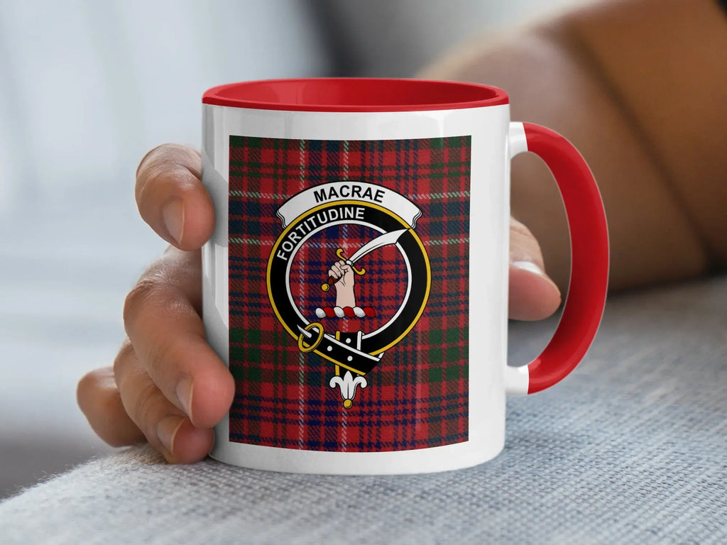 MacRae Scottish clan crest plaid design mug — glossy ceramic showing full tartan pattern