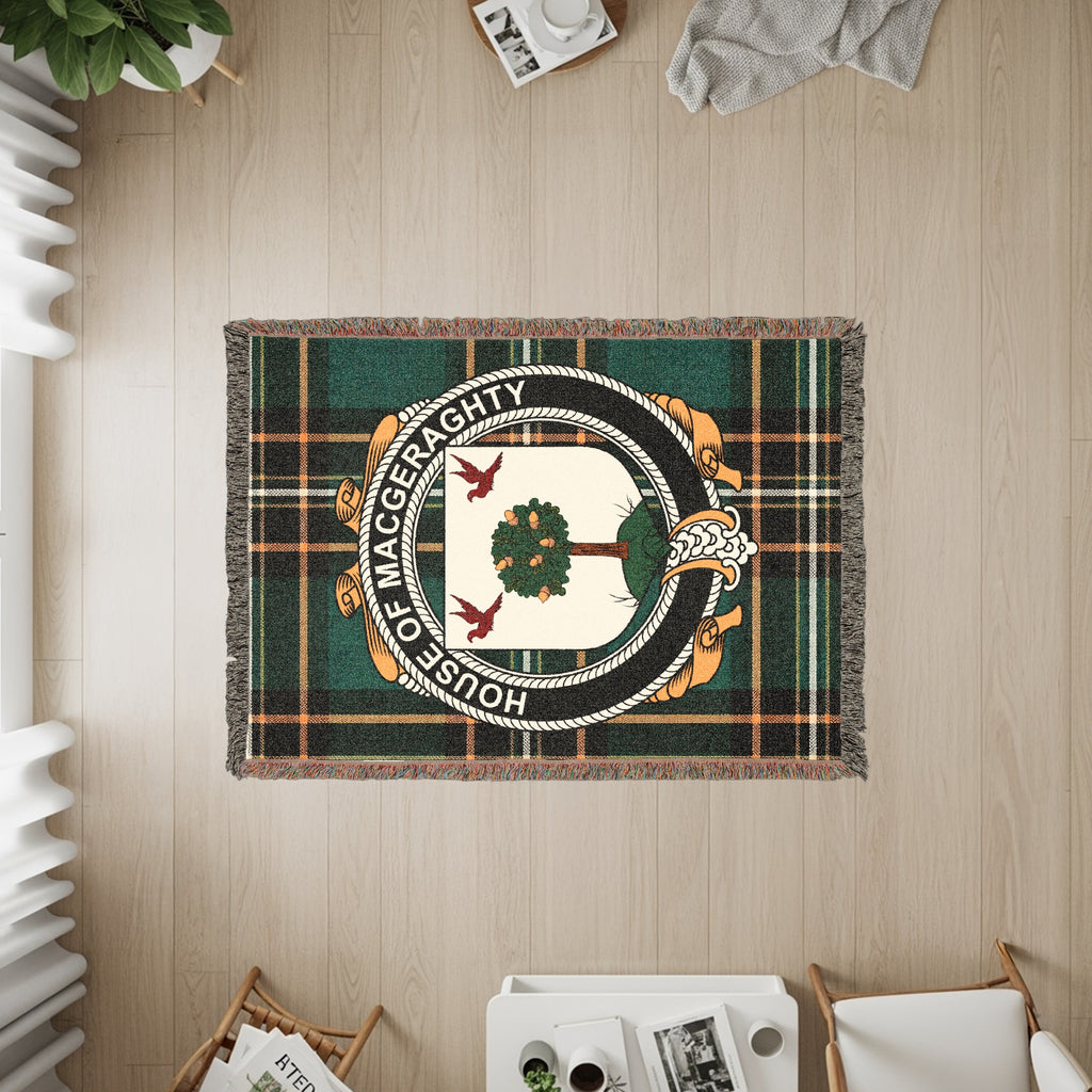 MacGeraghty Irish heritage woven throw with family crest emblem