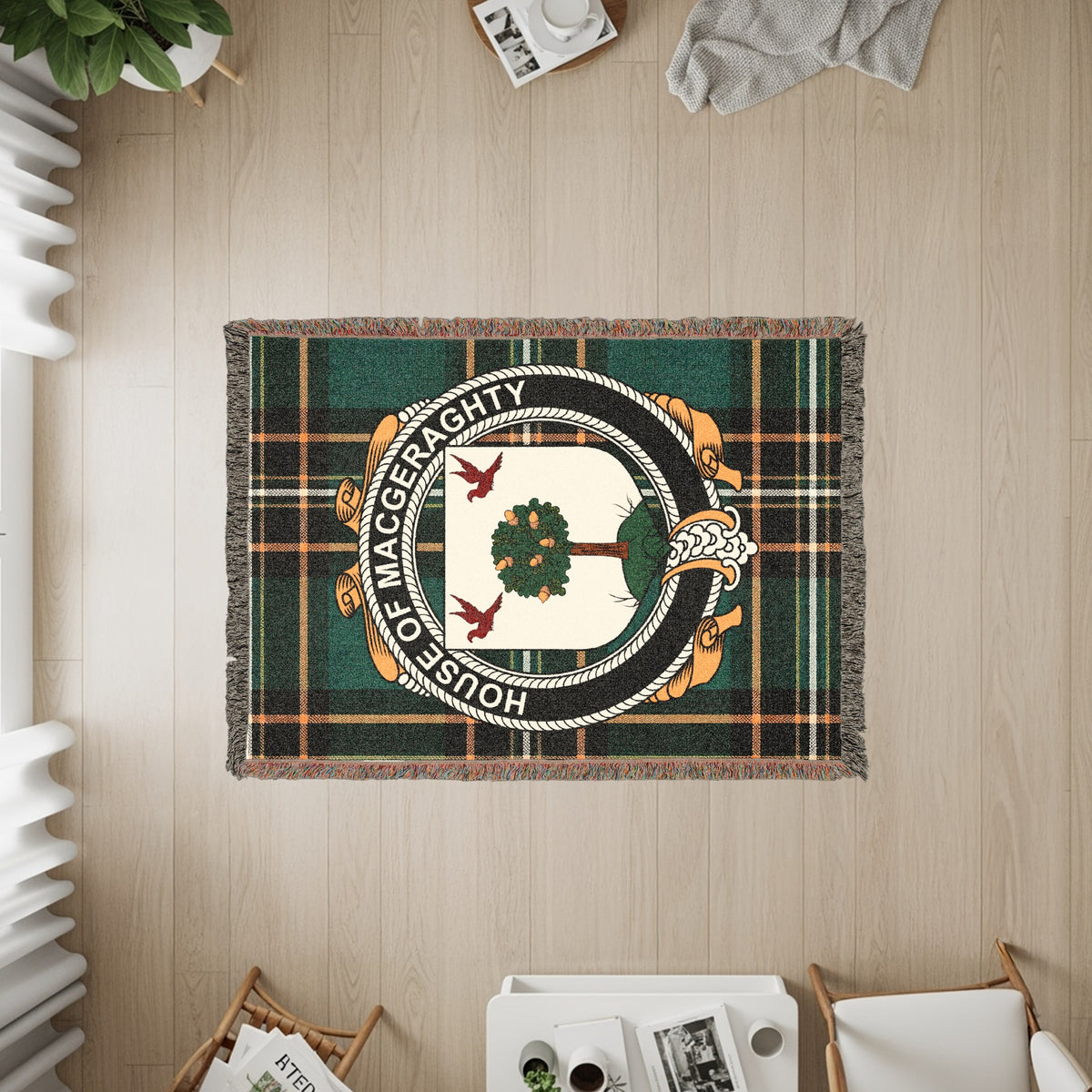 MacGeraghty Irish heritage woven throw with family crest emblem