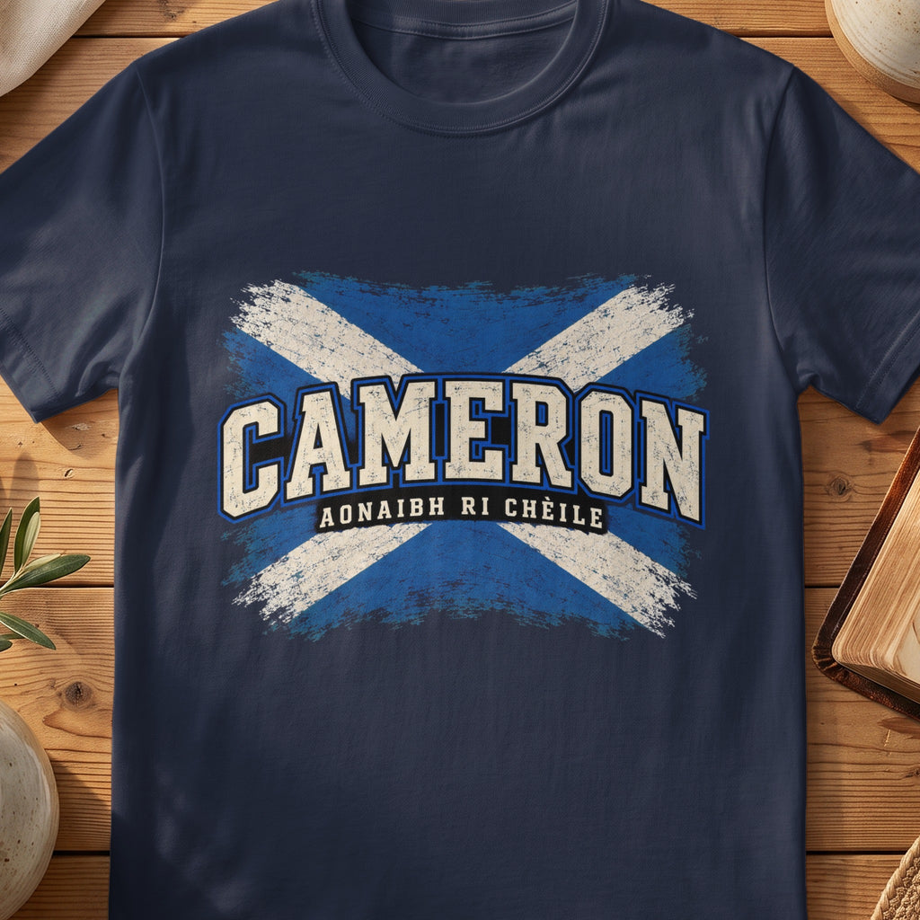 Cameron Scottish Saltire T-shirt in Navy, with distressed blue and cream flag and “Aonaibh Ri Chèile” lettering.
