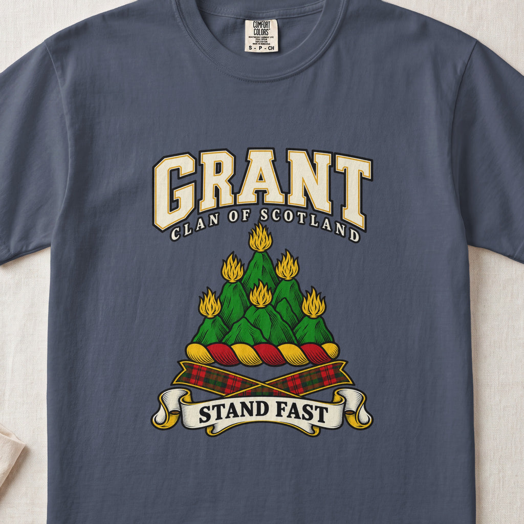 Grant graphic T-shirt in Midnight blue, front flat lay showing varsity lettering and green mountain-like mound with yellow flames.