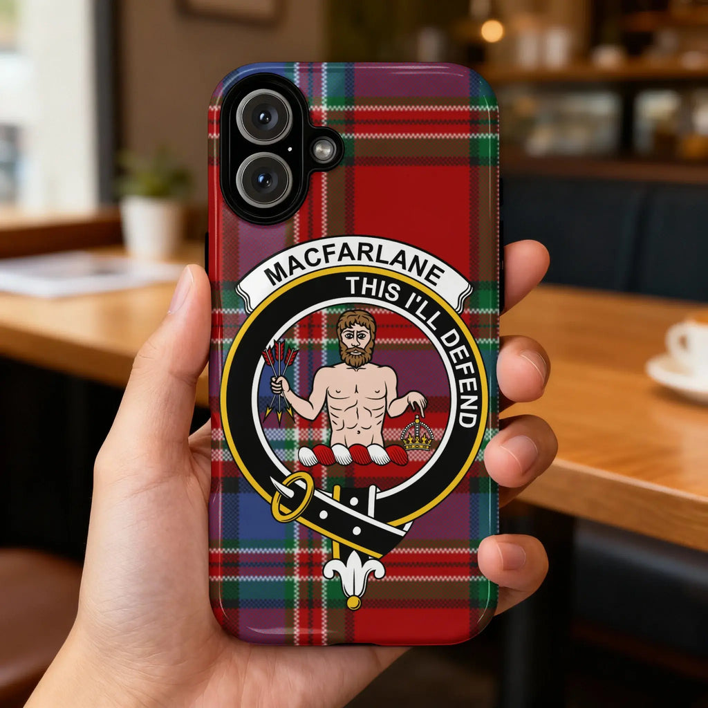 MacFarlane This I'll Defend clan crest phone case — full heraldic tartan design visible