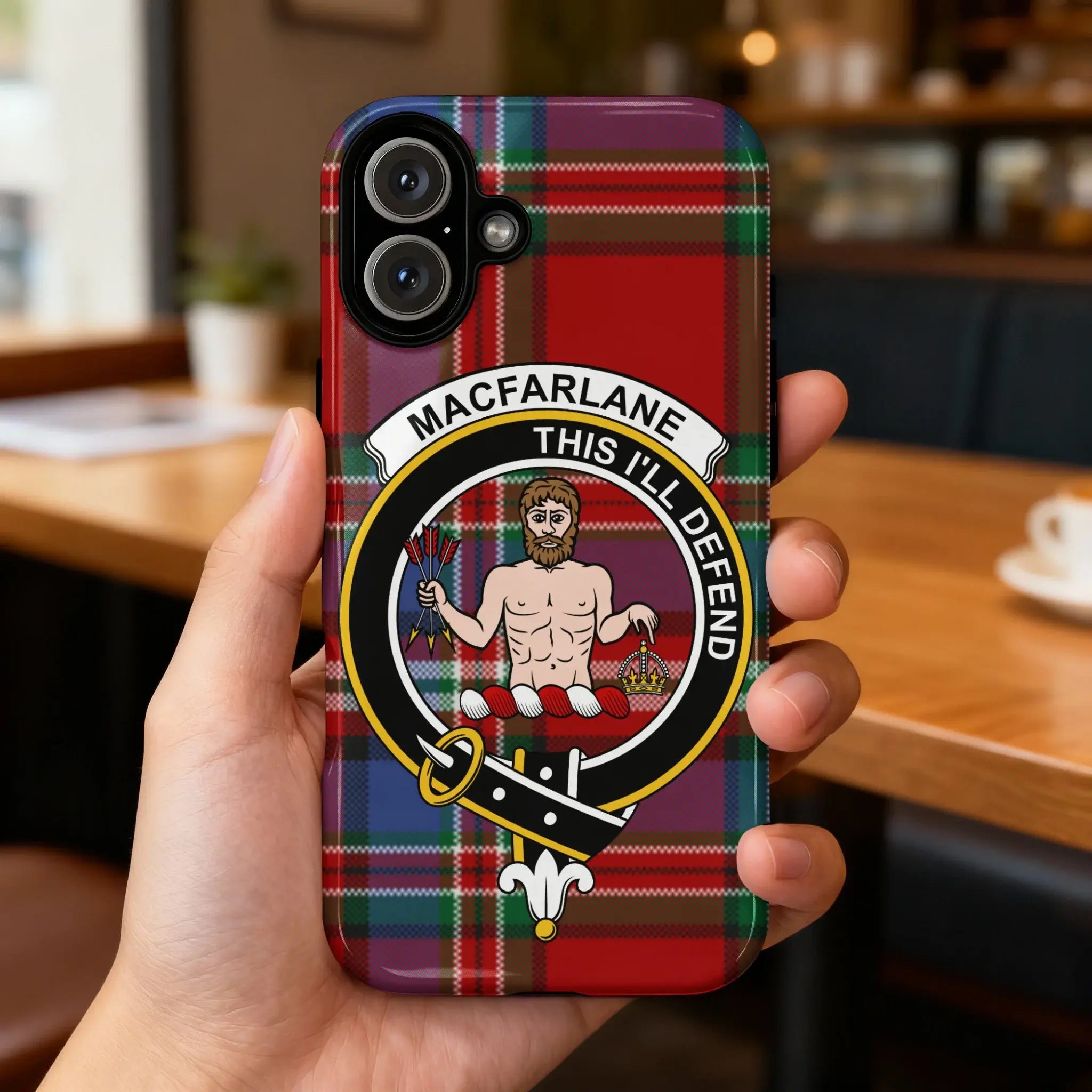MacFarlane This I'll Defend clan crest phone case — full heraldic tartan design visible