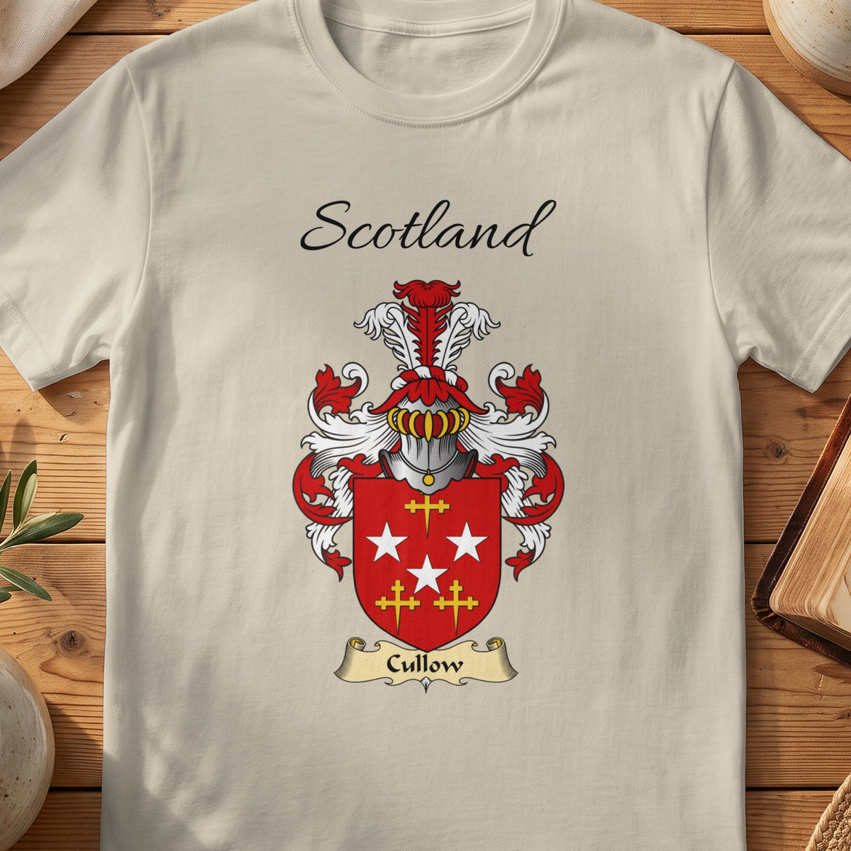 Sand Cullow Scottish family shield T-shirt featuring white stars and gold crosses on red