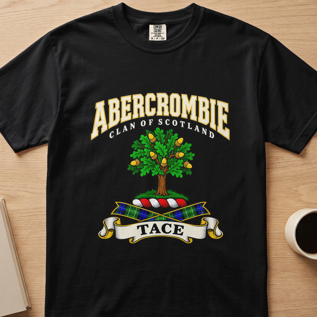 Abercrombie green tree with golden fruit detail graphic on a black Comfort Colors T-shirt, front view