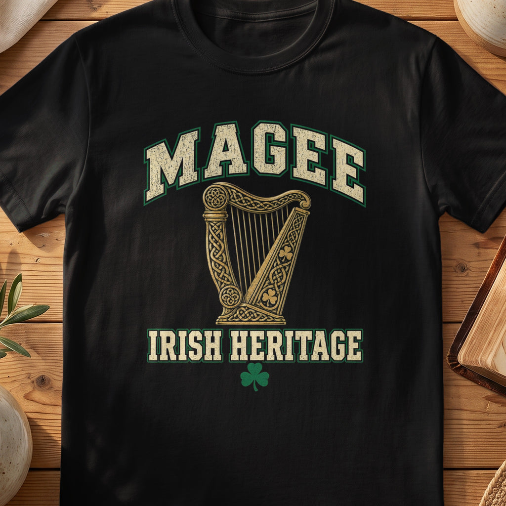 Magee Irish Heritage black Gildan 64000 T-shirt with Celtic harp design