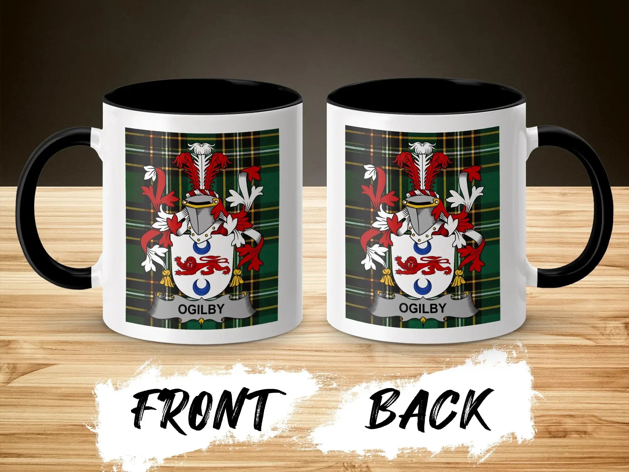 Ogilby ceramic mug with Irish National Tartan and surname crest