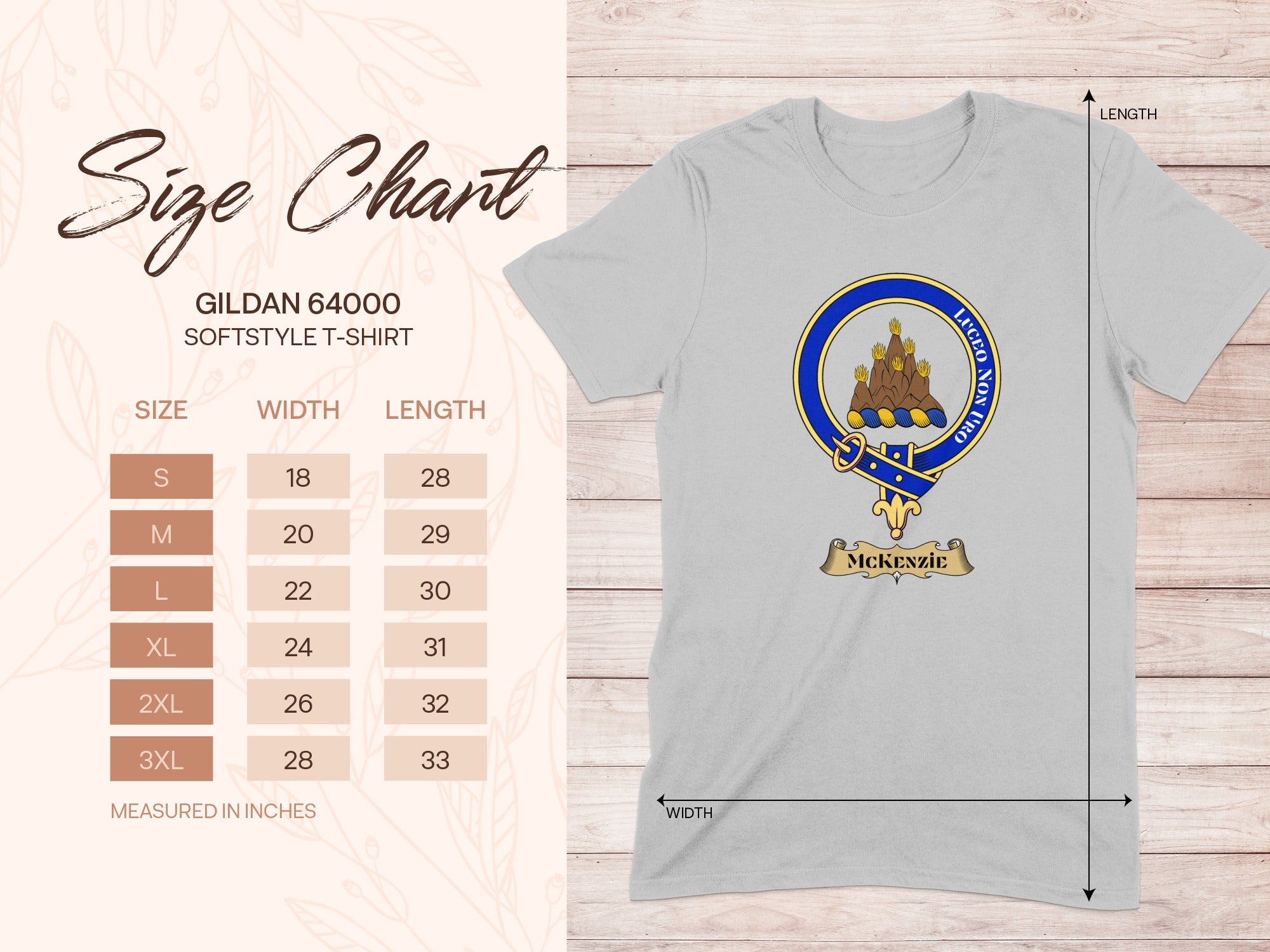 Gildan 64000 size chart for McKenzie Scottish clan crest T-shirt