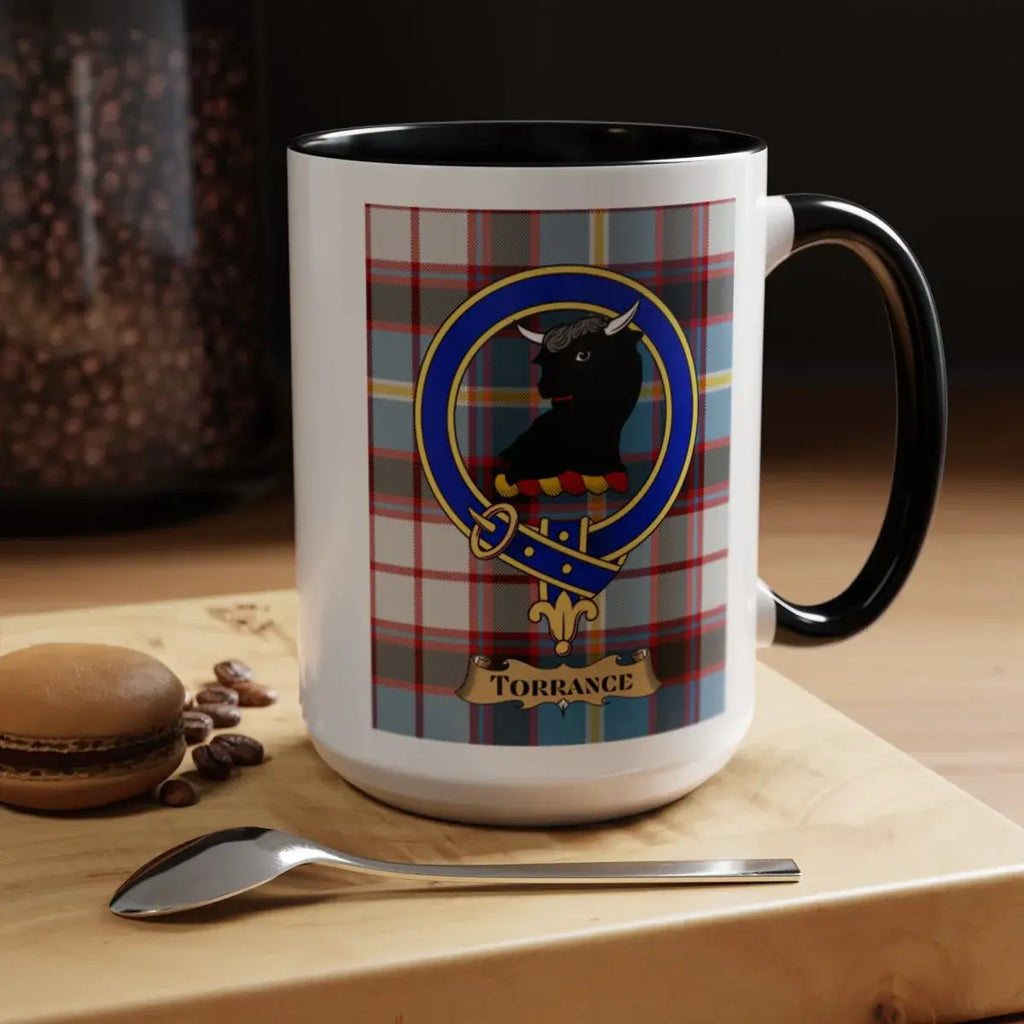 Close-up of the Torrance clan crest printed on a ceramic mug