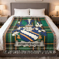 Tartan blanket with Fortescue family crest and banner.