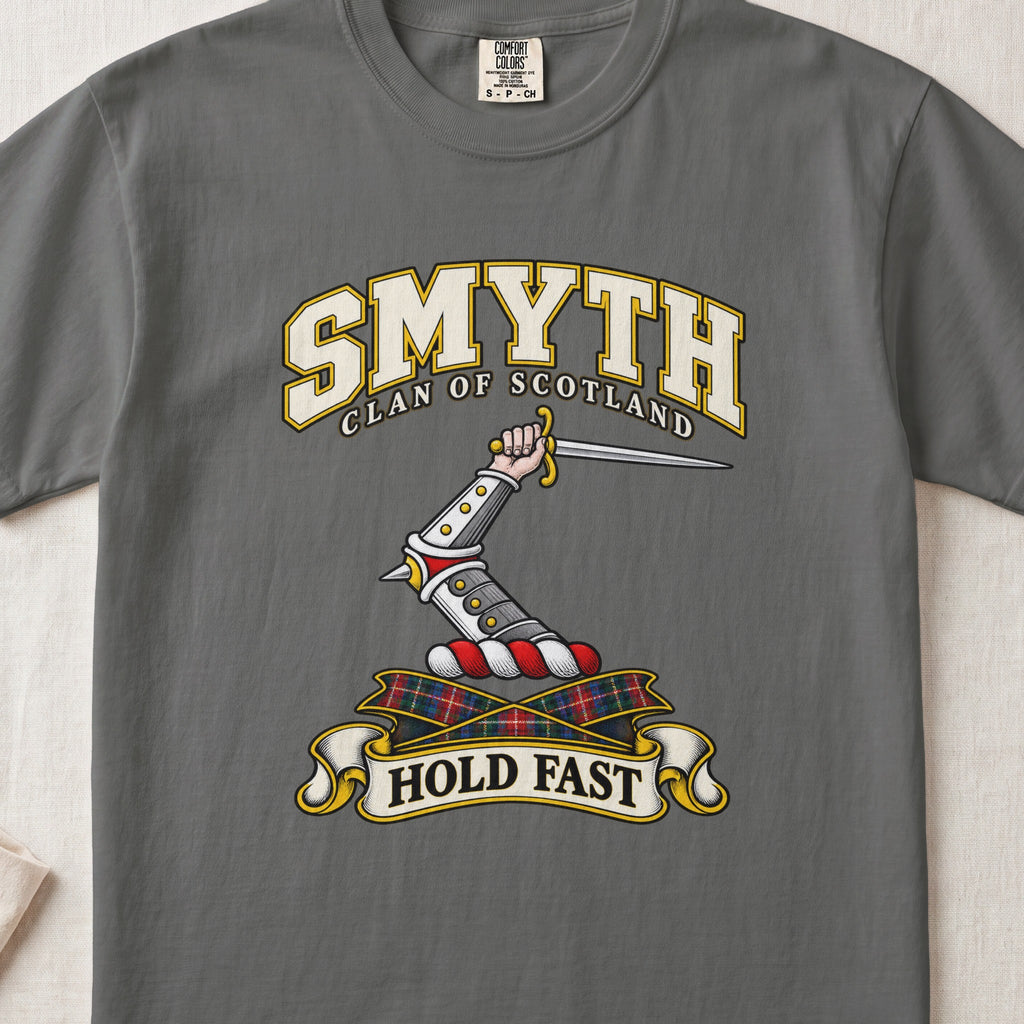 Smyth Scottish clan T-shirt in Pepper, front view with an armoured arm holding a dagger and motto design.