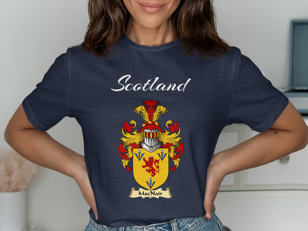 MacNair Scottish family shield design on Navy T-shirt
