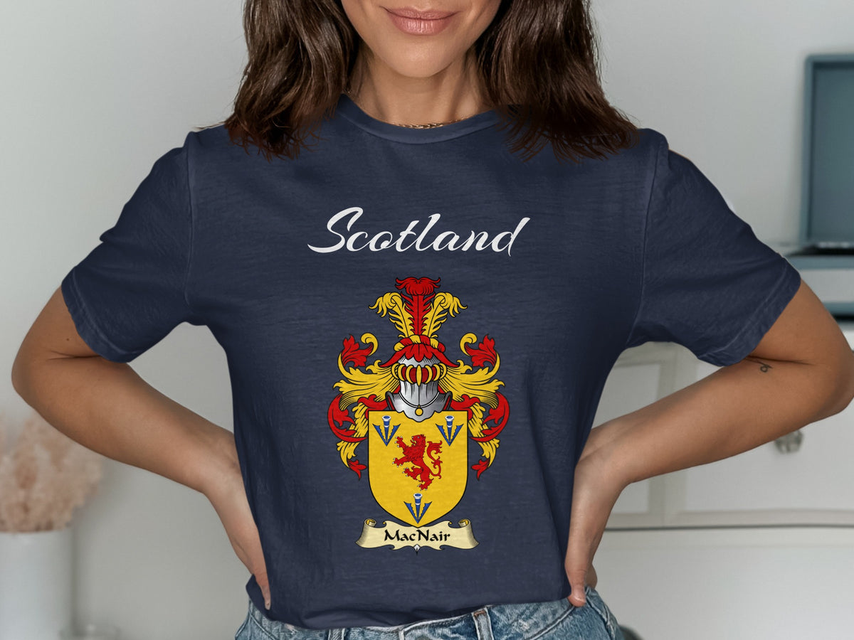 MacNair Scottish family shield design on Navy T-shirt