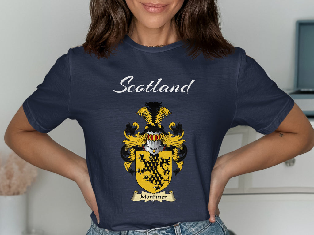 Mortimer Scottish family shield design on Navy T-shirt