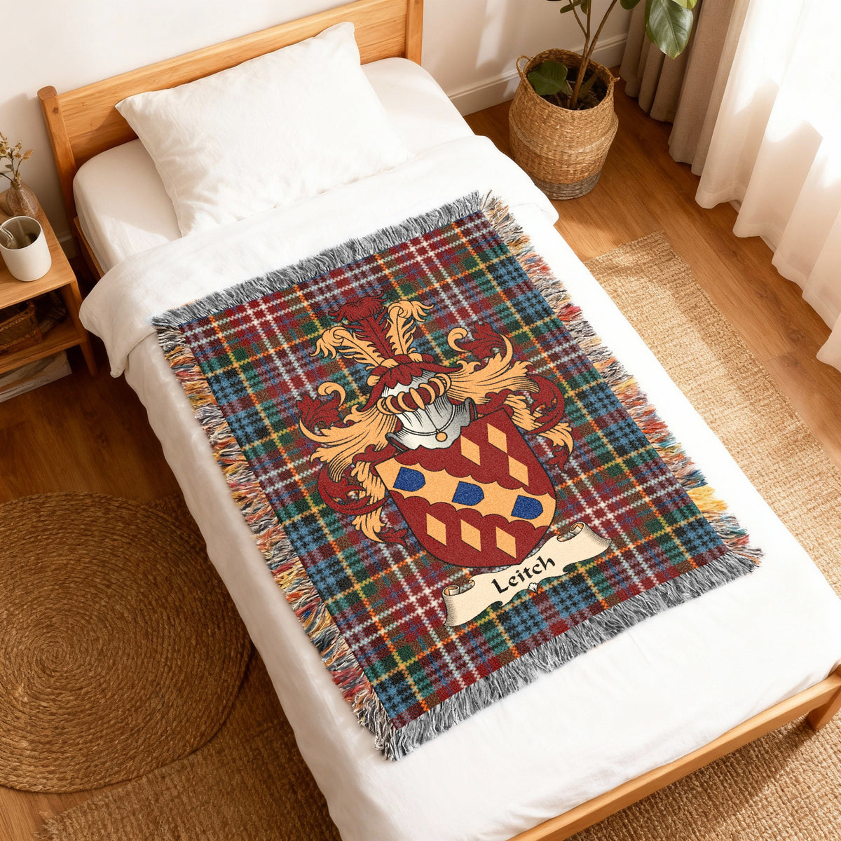 Leitch Caledonia tartan heritage woven throw blanket with family shield