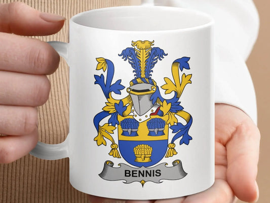 Bennis Family Crest Coat of Arms Design Coffee Mug - Celtic Ancestry Gifts