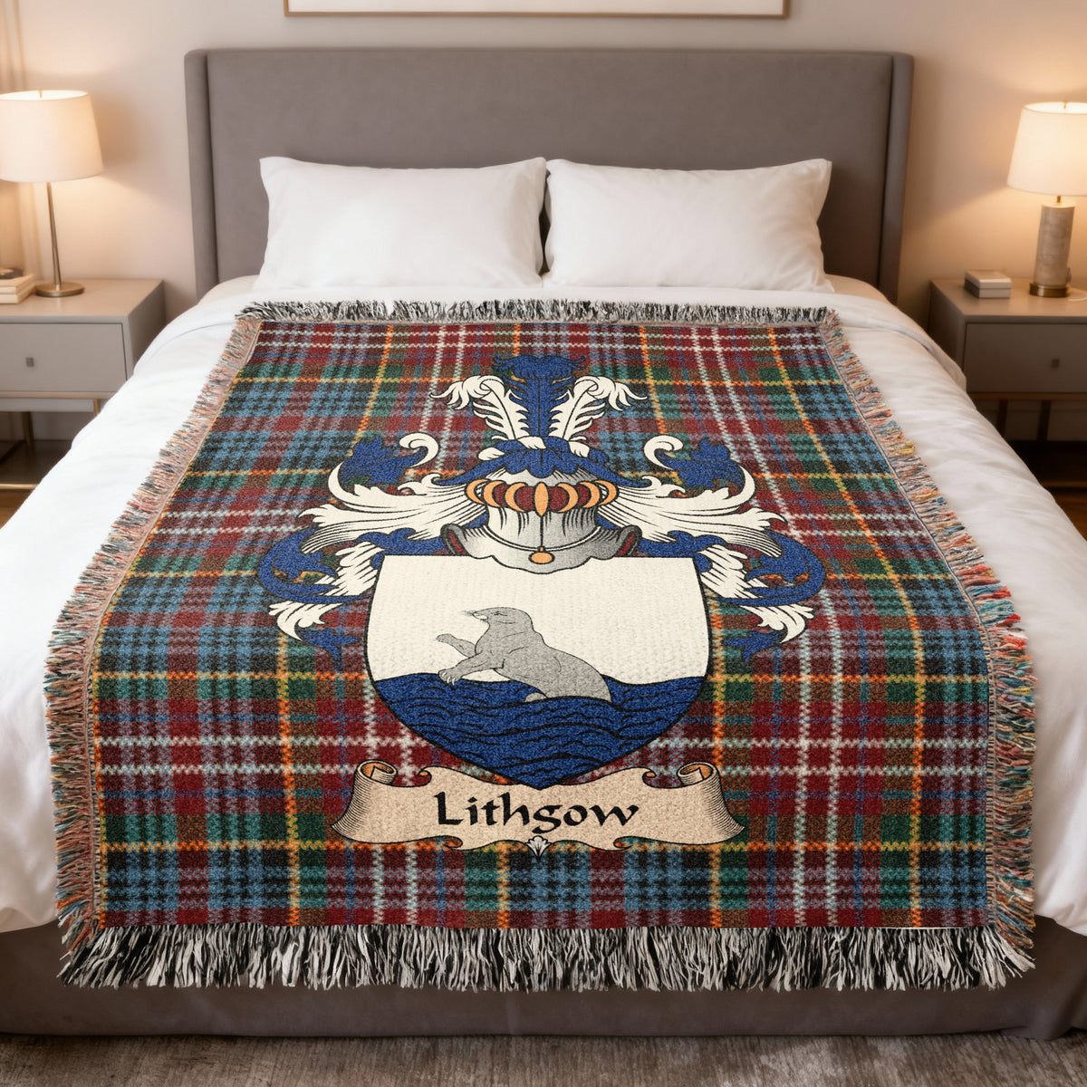 Size guide for Lithgow Scottish family shield woven blanket on a Caledonia tartan background