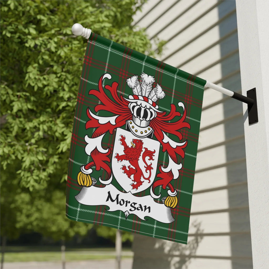 Green plaid flag with Morgan family crest featuring a red lion and white ribbon.