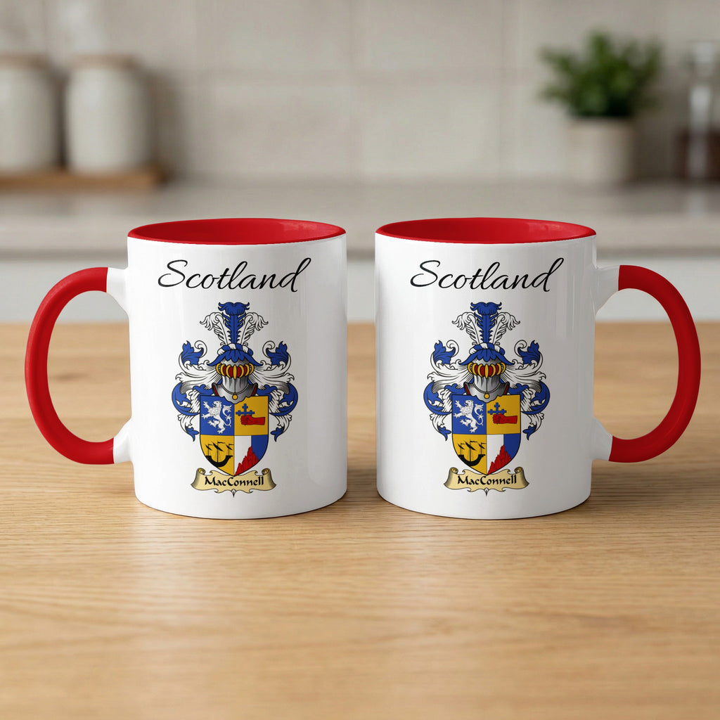 Red-accent MacConnell Scottish family crest mugs with Scotland above the heraldic shield
