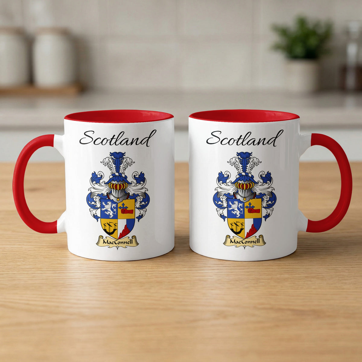 Red-accent MacConnell Scottish family crest mugs with Scotland above the heraldic shield