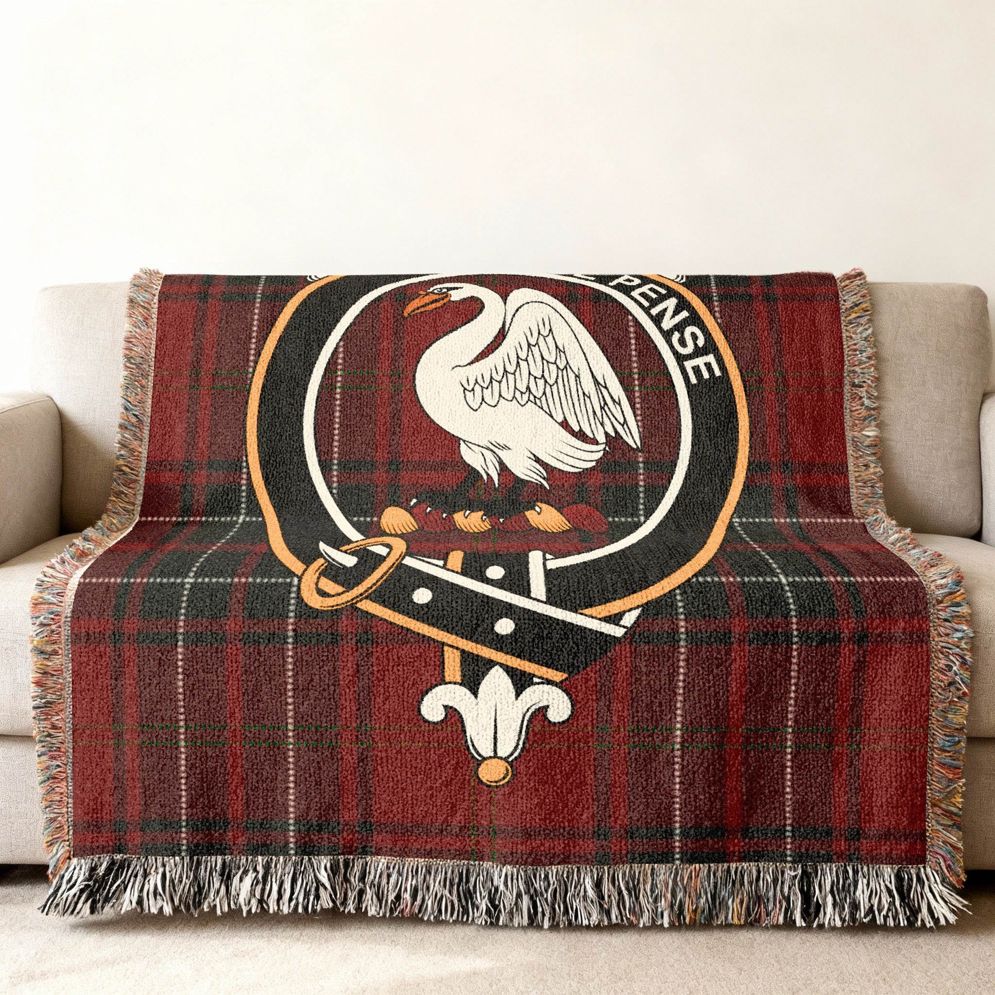 Clan Wemyss tartan plaid woven blanket with white swan heraldry design