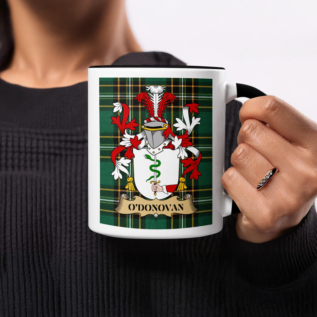 O'Donovan Irish family crest mug on Irish National Tartan background