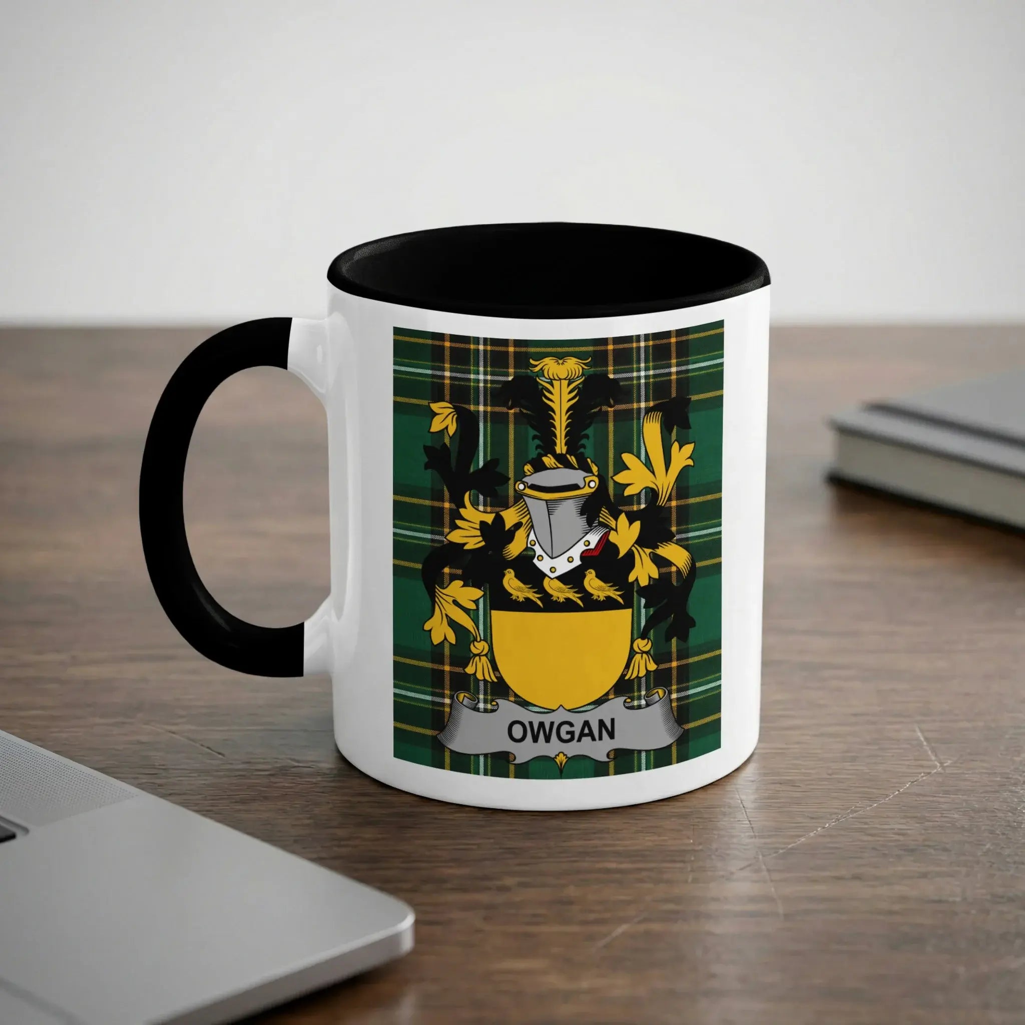Owgan Irish heritage mug with black interior and surname crest