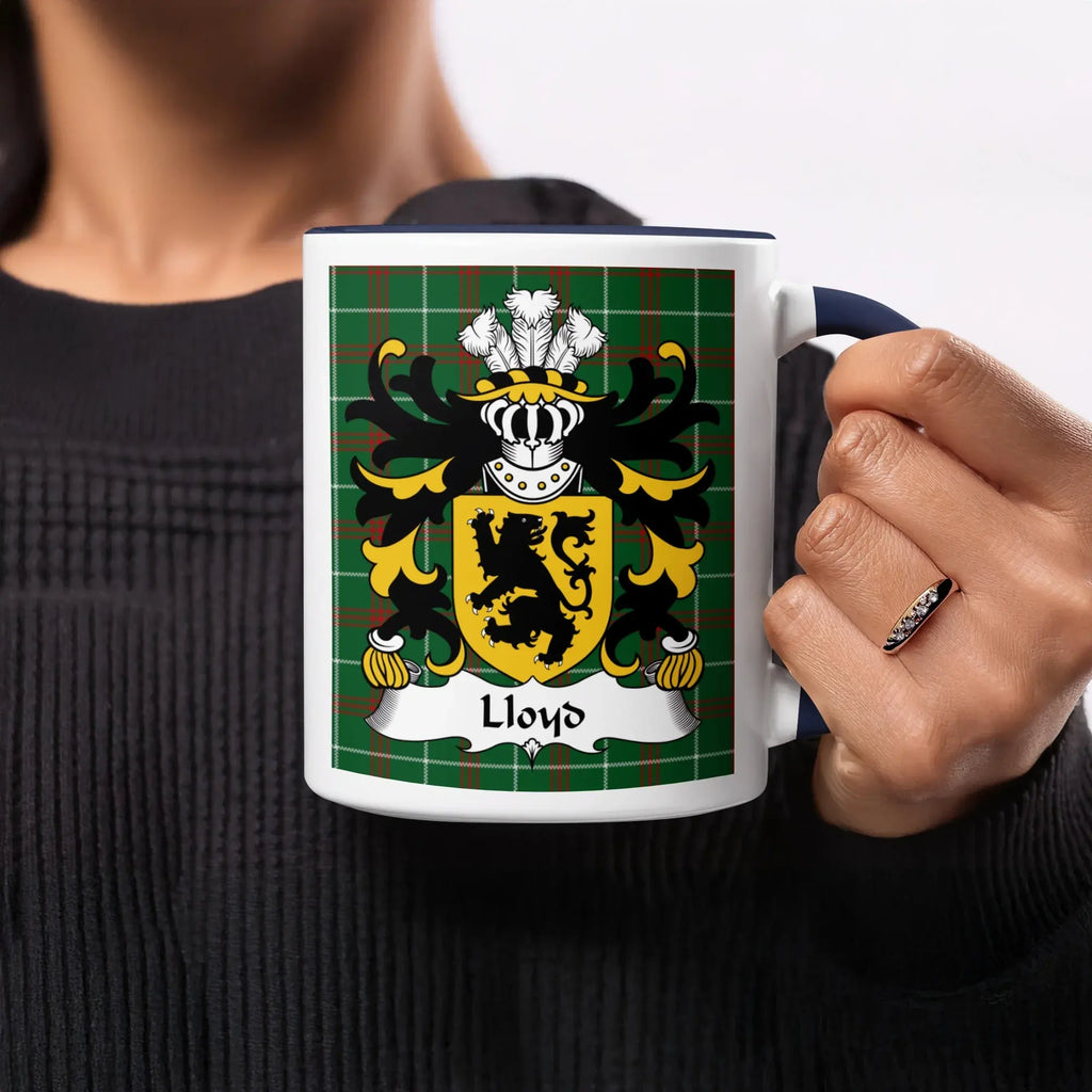 Lloyd Welsh ancestry gift mug with green Welsh National Tartan and family crest design
